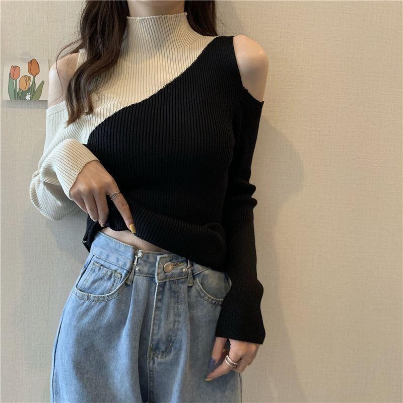 Cold-Shoulder Two Tone Ribbed Sweater Product Image