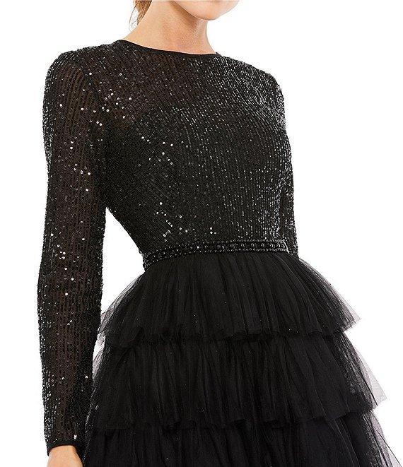 Mac Duggal Tiered Ruffle Crew Neck Long Sleeve Midi Dress Product Image