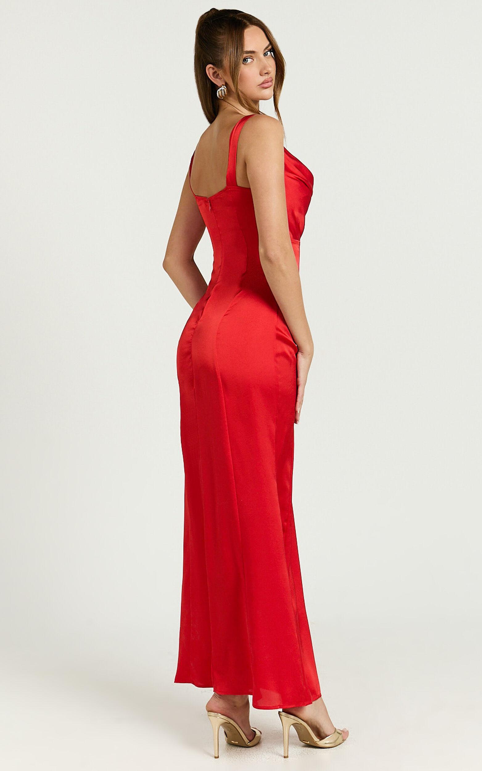 Grace Maxi Dress - Cowl Neck Satin Slip Dress in Coral Red Product Image