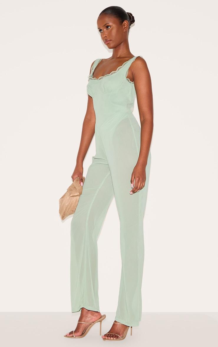 Sage Green Chiffon Corset Detail Flared Jumpsuit Product Image