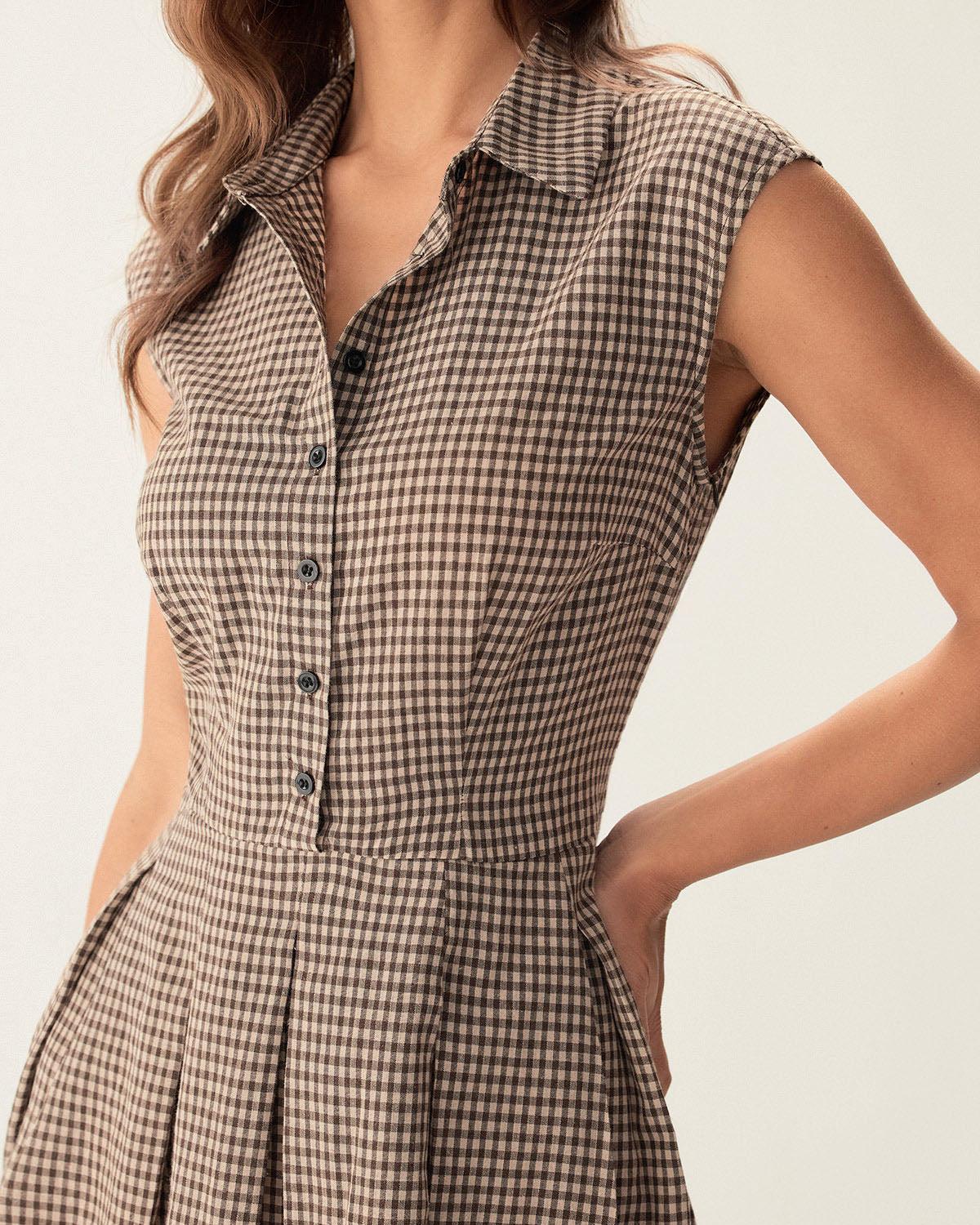Brown Plaid Button Pleated Midi Dress Product Image