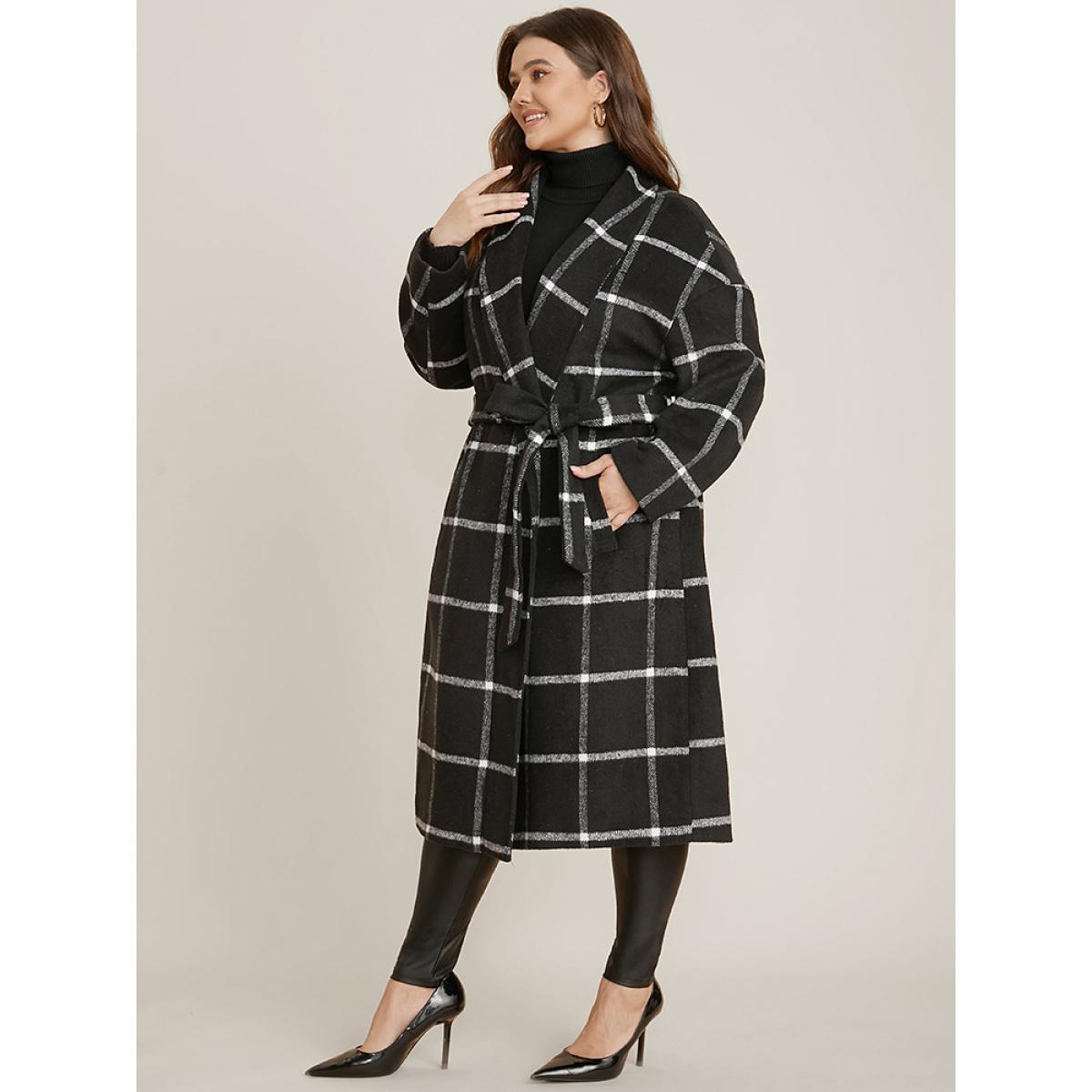 Plus Size Plaid Lapel Collar Pocket Belted Open Front Coat Women Black Elegant Ladies Dailywear Winter Coats BloomChic 30/6X Product Image