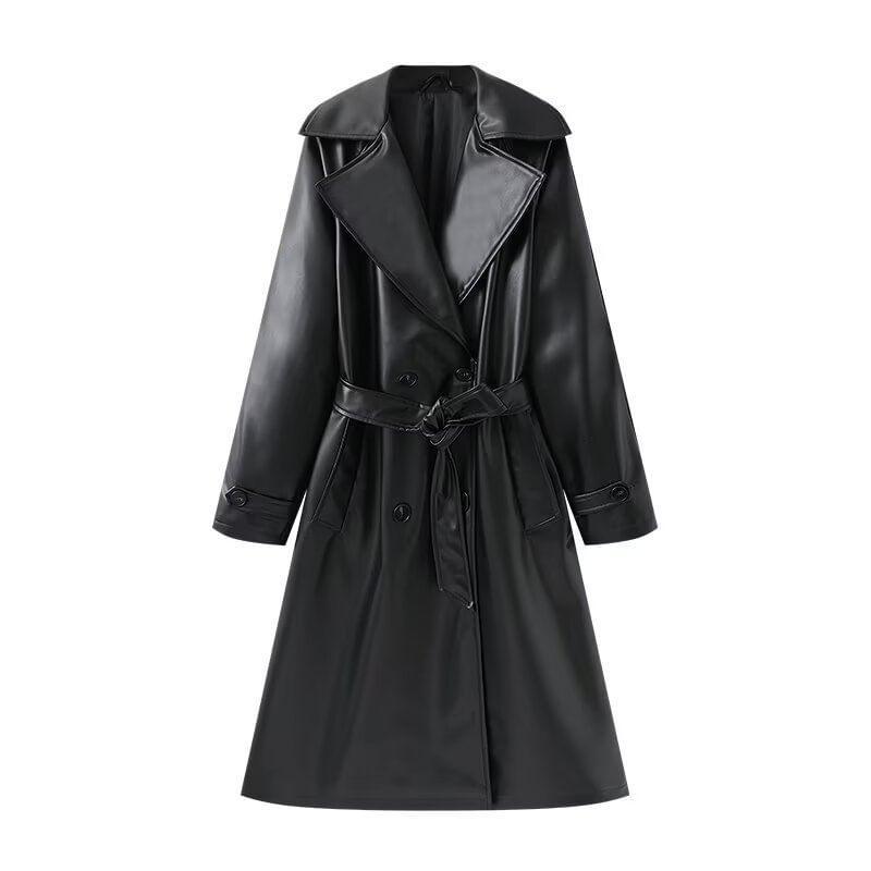 Long-Sleeve Faux Leather Lapel Collar Double Breasted Coat Dress Product Image