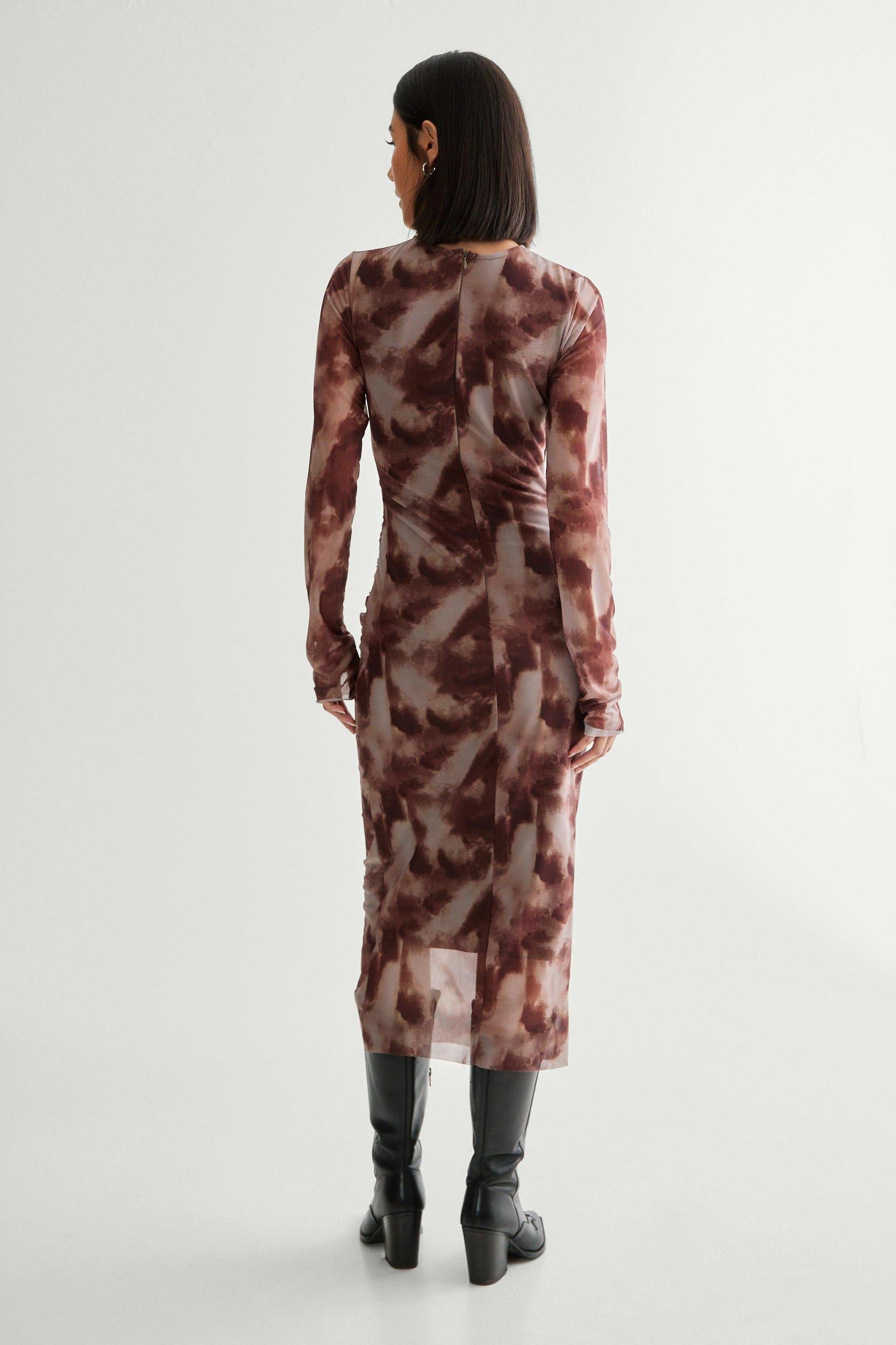 Blurred Print Mesh Long Sleeve Maxi Dress Product Image