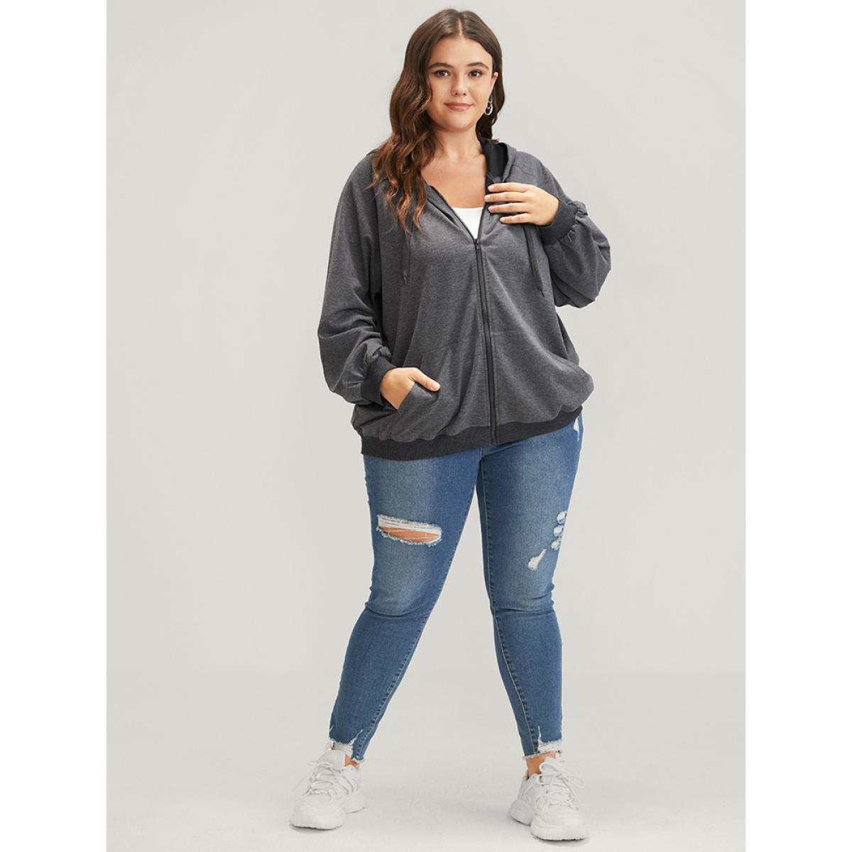 Plus Size Solid Pocket Drawstring Zipper Hooded Sweatshirt Women DimGray Casual Zipper Loose Hooded Dailywear Sweatshirts BloomChic 10/M Product Image