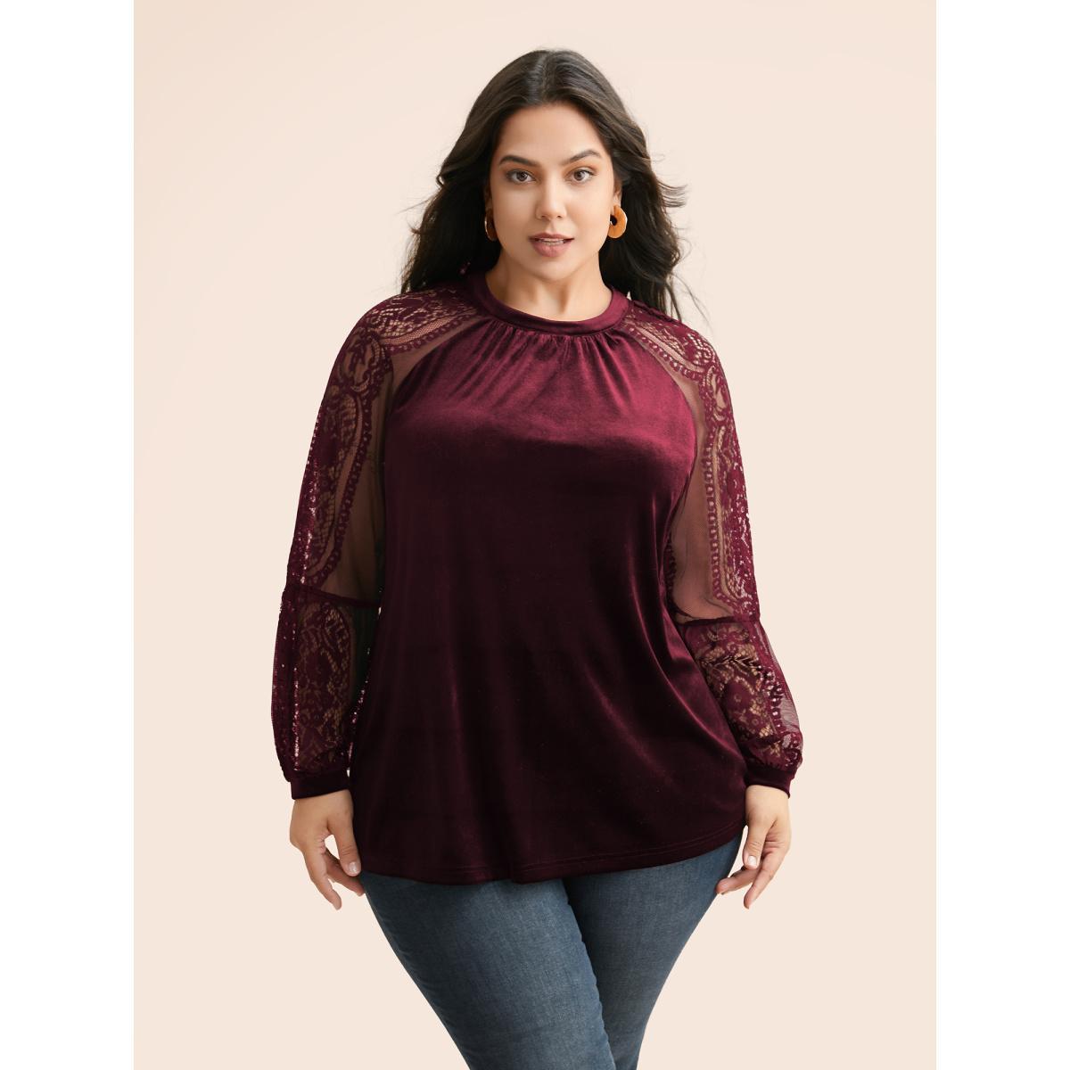 Plus Size Burgundy Lace Patchwork Velvet Raglan Sleeve Blouse Women Elegant Long Sleeve Stand-up collar Everyday Blouses BloomChic 10/M Product Image