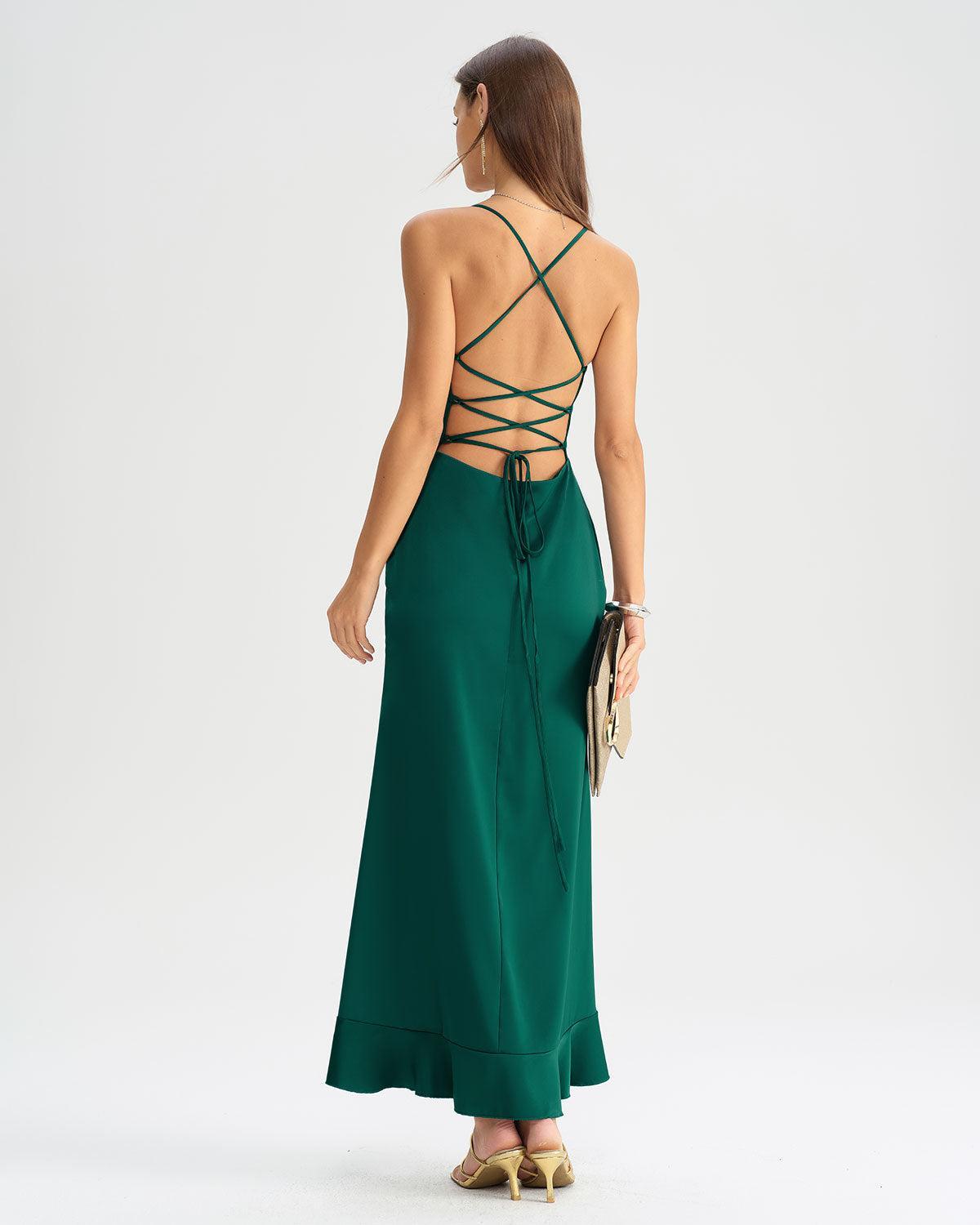 Green Ruffle Backless Slip Maxi Dress Product Image