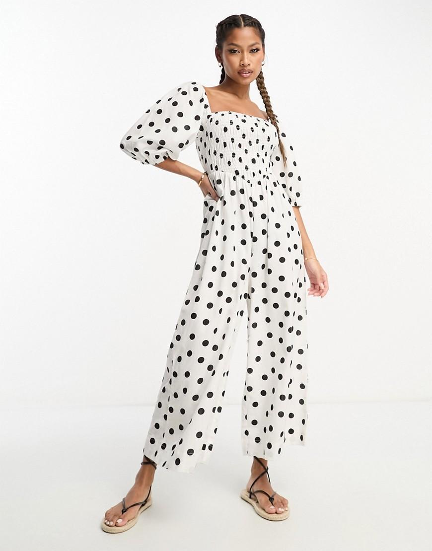 ASOS DESIGN linen look shirred puff sleeve jumpsuit Product Image