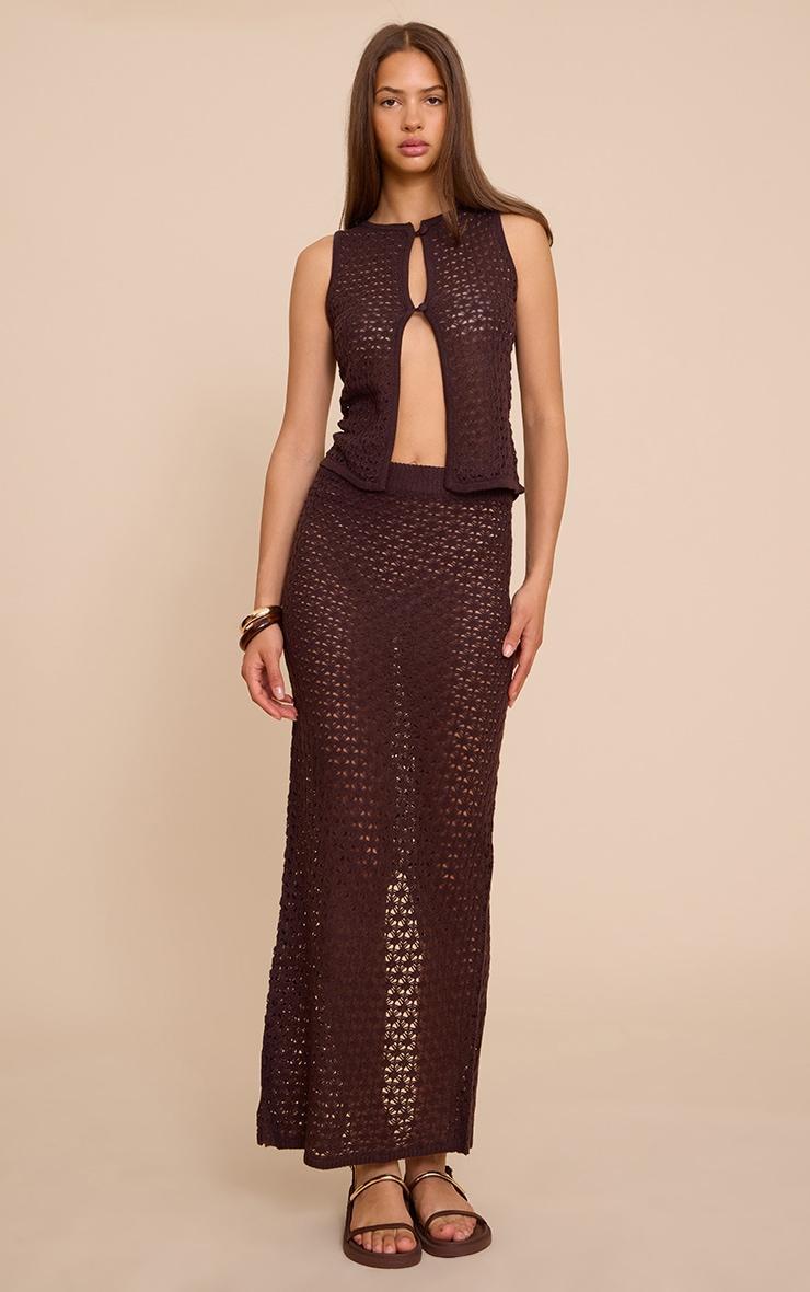  Chocolate Crochet Knit Cut Out Pearled Button Vest Top Product Image