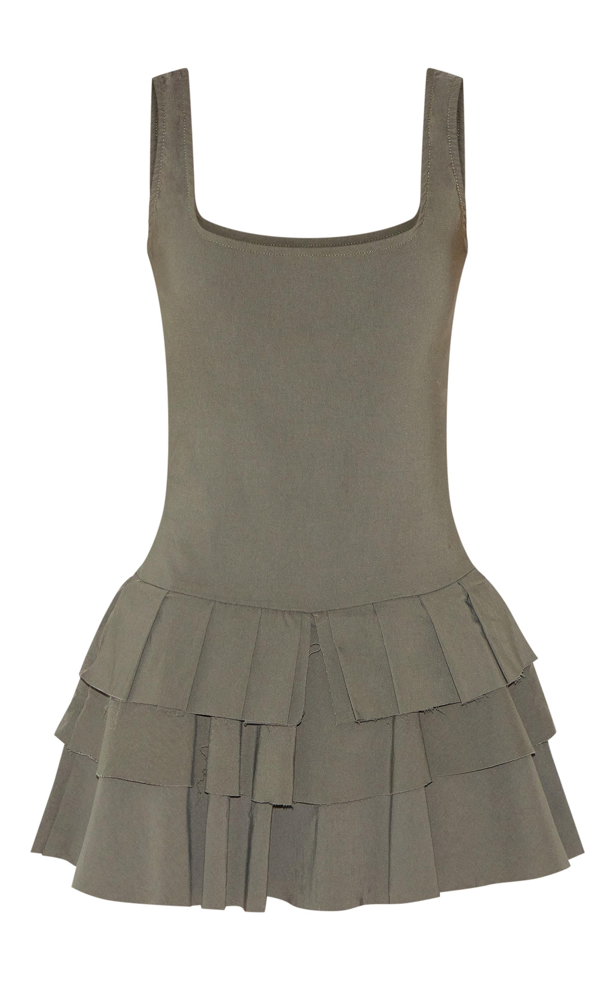 Khaki Stretch Woven Pleated Skort Romper Product Image