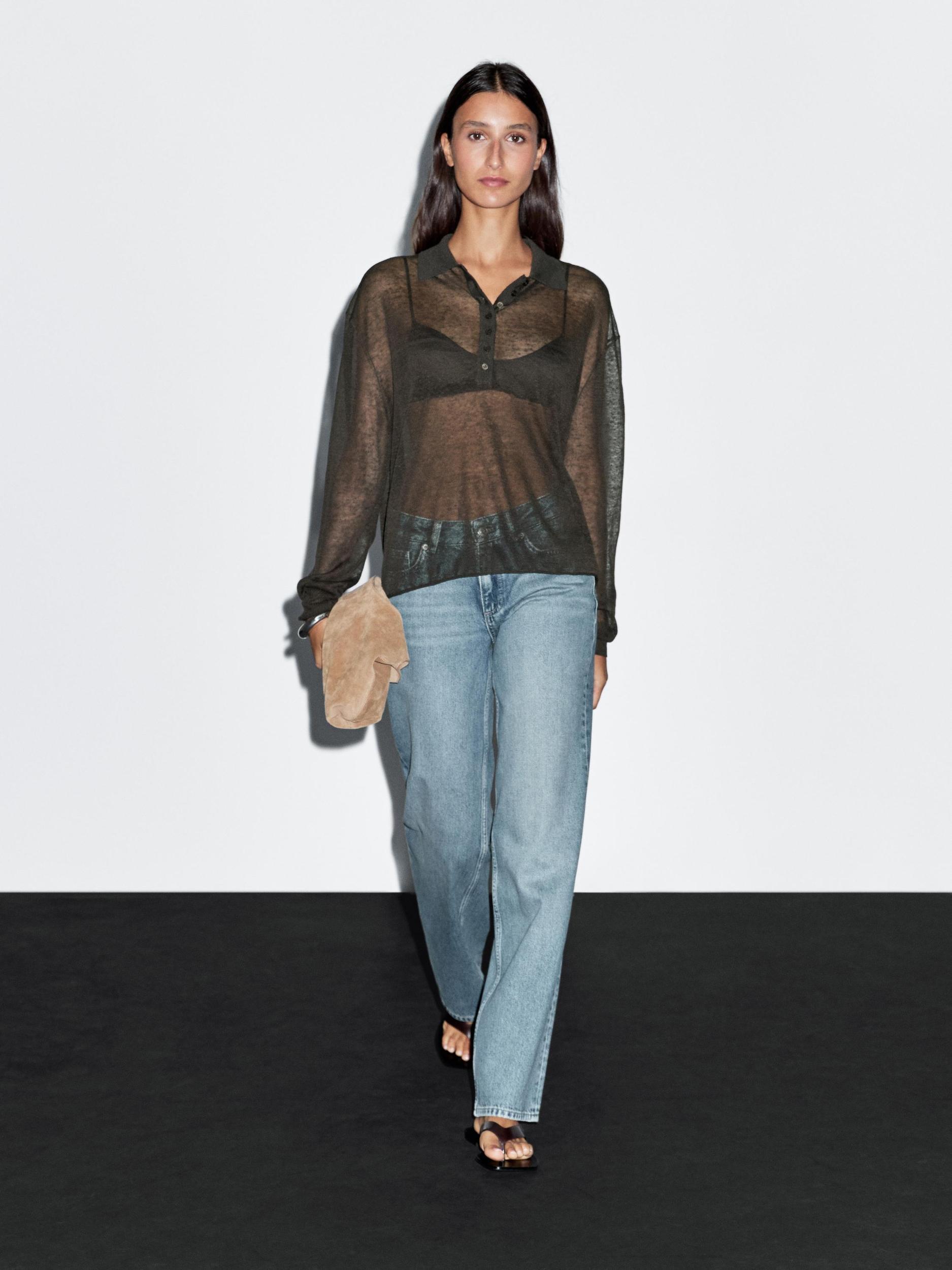 Linen blend semi-sheer knit sweater Product Image