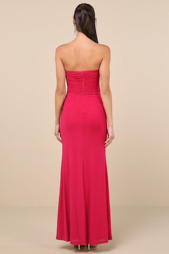 Epitome of Allure Fuchsia Mesh Strapless Ruched Maxi Dress Product Image