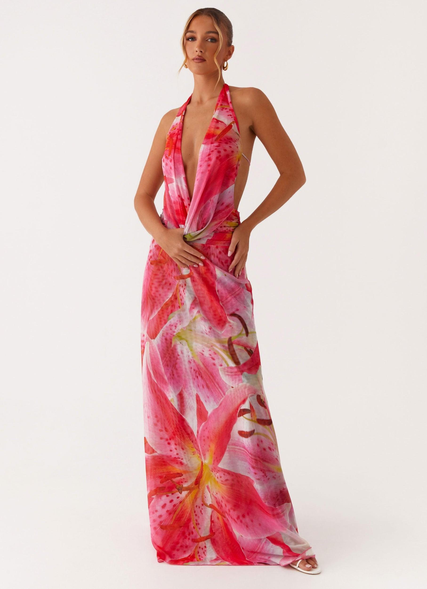 Elysia Mesh Maxi Dress - White Pink Lilly Product Image