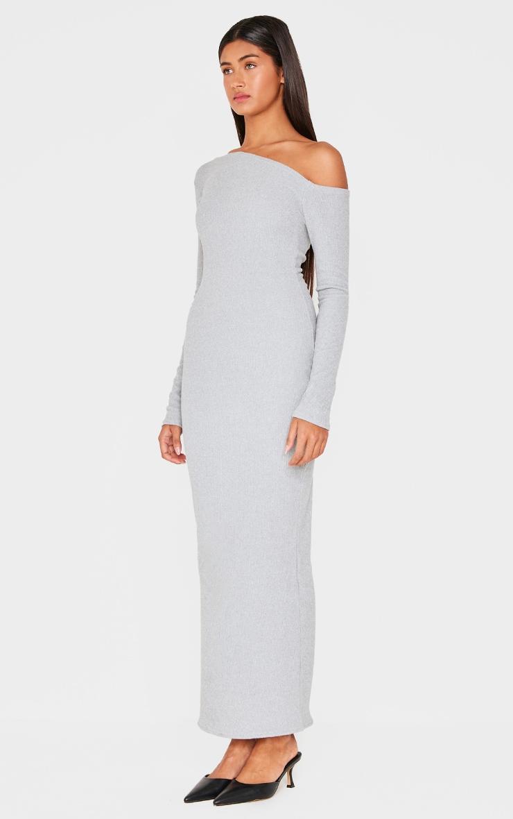 Grey Ribbed Bardot Long Sleeve Maxi Dress Product Image