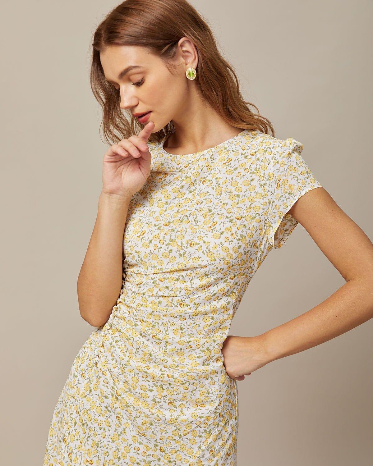 The Yellow Round Neck Floral Midi Dress Product Image