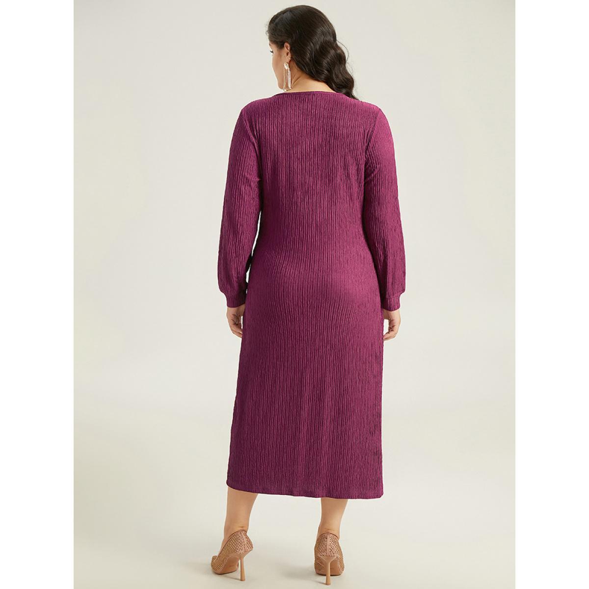 Plus Size Plain Rib Knit V Neck Wrap Pleated Dress Purple Women Party Texture V-neck Long Sleeve Curvy Midi Dress BloomChic 10/M Product Image