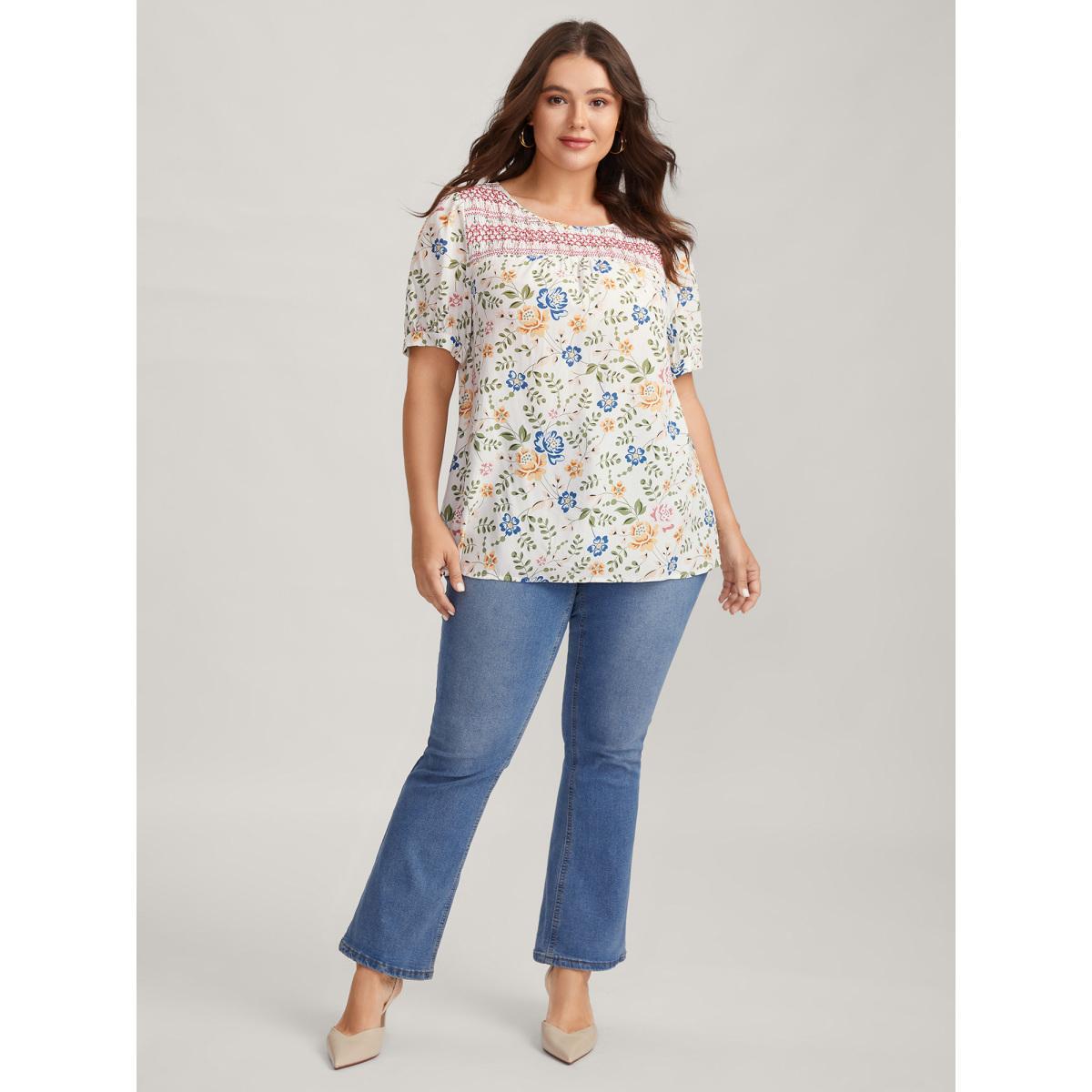 Plus Size Multicolor Floral Print Shirred Neck Blouse Women Short sleeve Round Neck Everyday-Elegant Blouses BloomChic 14-16/1X Product Image