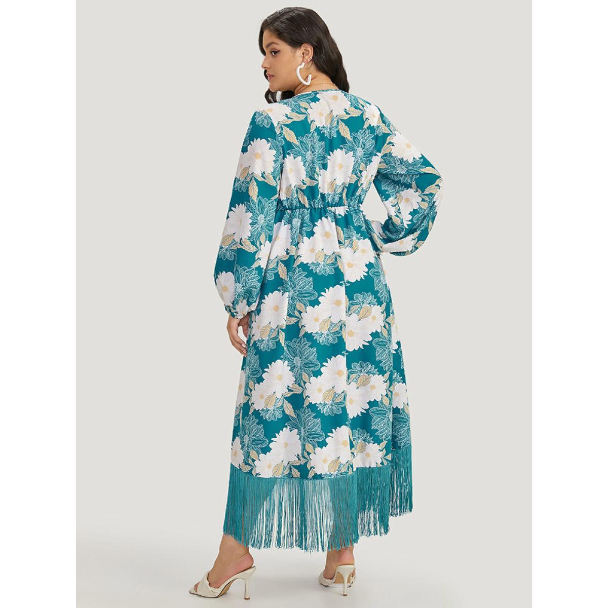 Plus Size Floral Print Wrap Tassel Trim Lantern Sleeve Dress Cerulean Women Elegant Elastic cuffs V-neck Long Sleeve Curvy Midi Dress BloomChic 30/6X Product Image