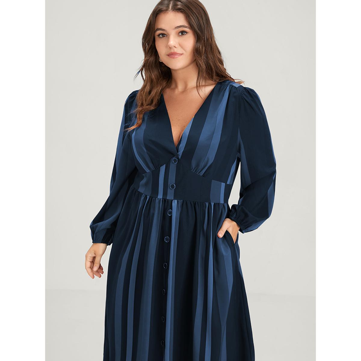 Plus Size Striped Lantern Sleeve Pocket Button Front Midi Dress Navy Women Vacation Printed V-neck Long Sleeve Curvy Midi Dress BloomChic 10/M Product Image