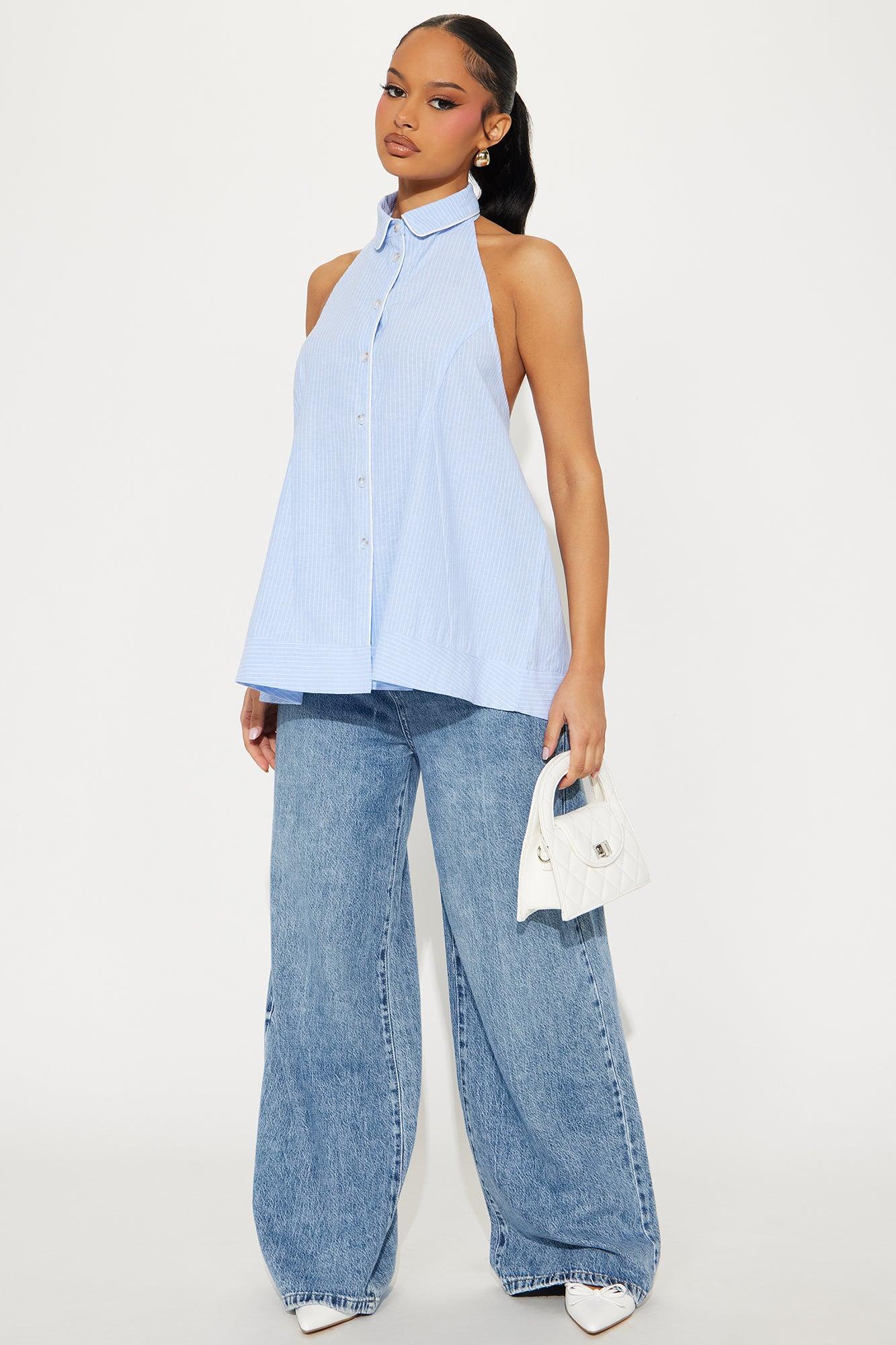 Never Basic Striped Halter Top - Light Blue Product Image