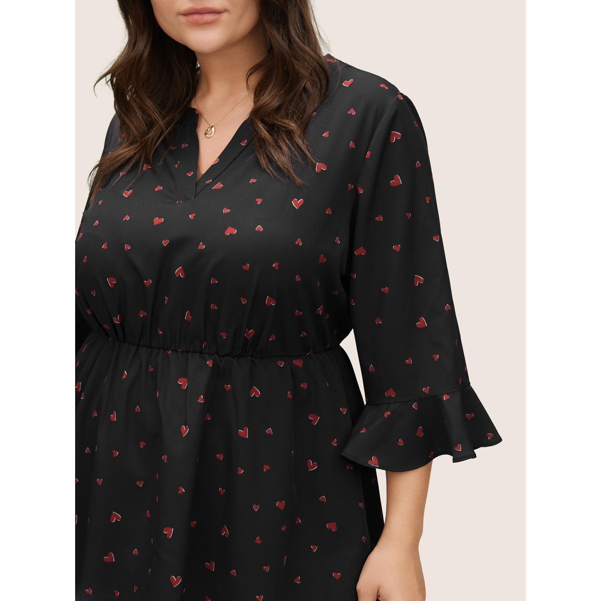 Plus Size Black Heart Print Flutter Sleeve Elastic Waist Blouse Women Elegant Elbow-length sleeve V-neck Everyday Blouses BloomChic 10/M Product Image