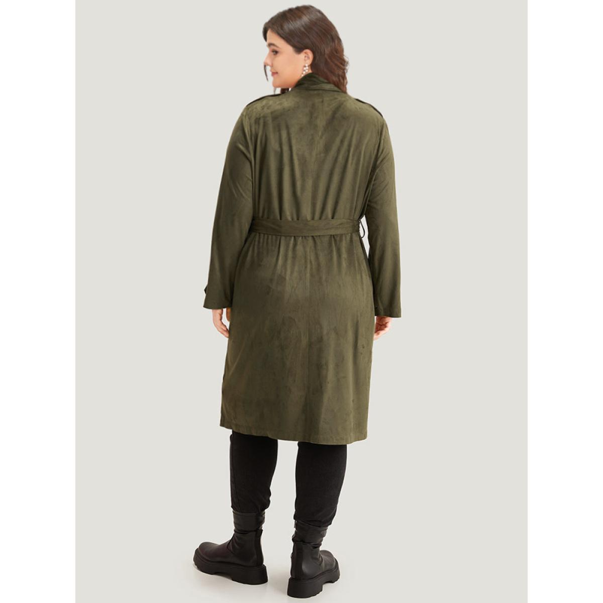 Plus Size Plain Lapel Collar Pocket Belted Faux Suede Coat Women ArmyGreen Casual Plain Ladies Dailywear Winter Coats BloomChic 14-16/1X Product Image