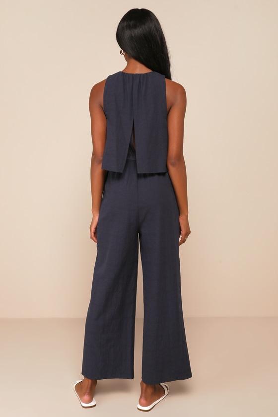 Breezy Sophistication Navy Blue Textured Wide-Leg Jumpsuit Product Image