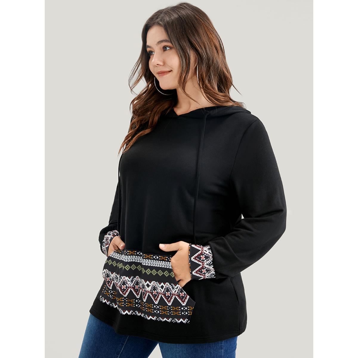 Plus Size Geometric Print Pocket Drawstring Hooded Sweatshirt Women Black Vacation Patchwork Hooded Dailywear Sweatshirts BloomChic 12/L Product Image