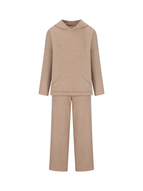 Loose Solid Color Round-Neck Hooded Long Sleeves Sweater Top + Drawstring Pants Bottom Two Pieces Set Product Image