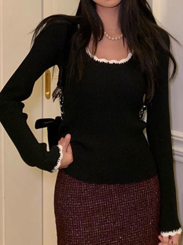 Contrast Color Trim Slim Long Sleeve Knit Product Image