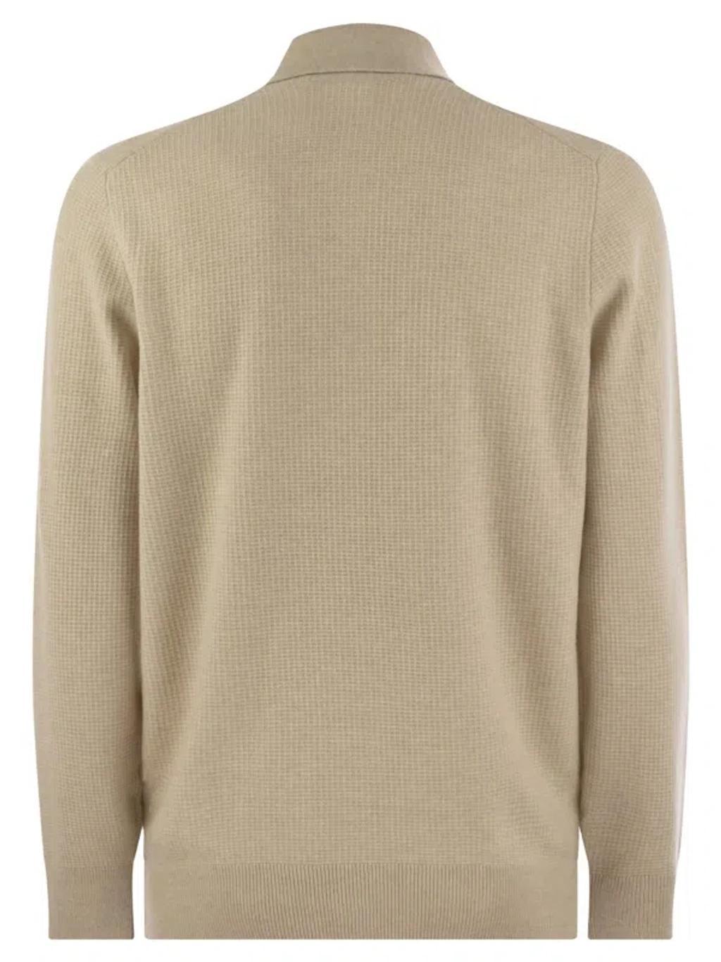 BRUNELLO CUCINELLI Waffle Stitch Cashmere Knit Polo Shirt With Long Sleeve In Sand Product Image