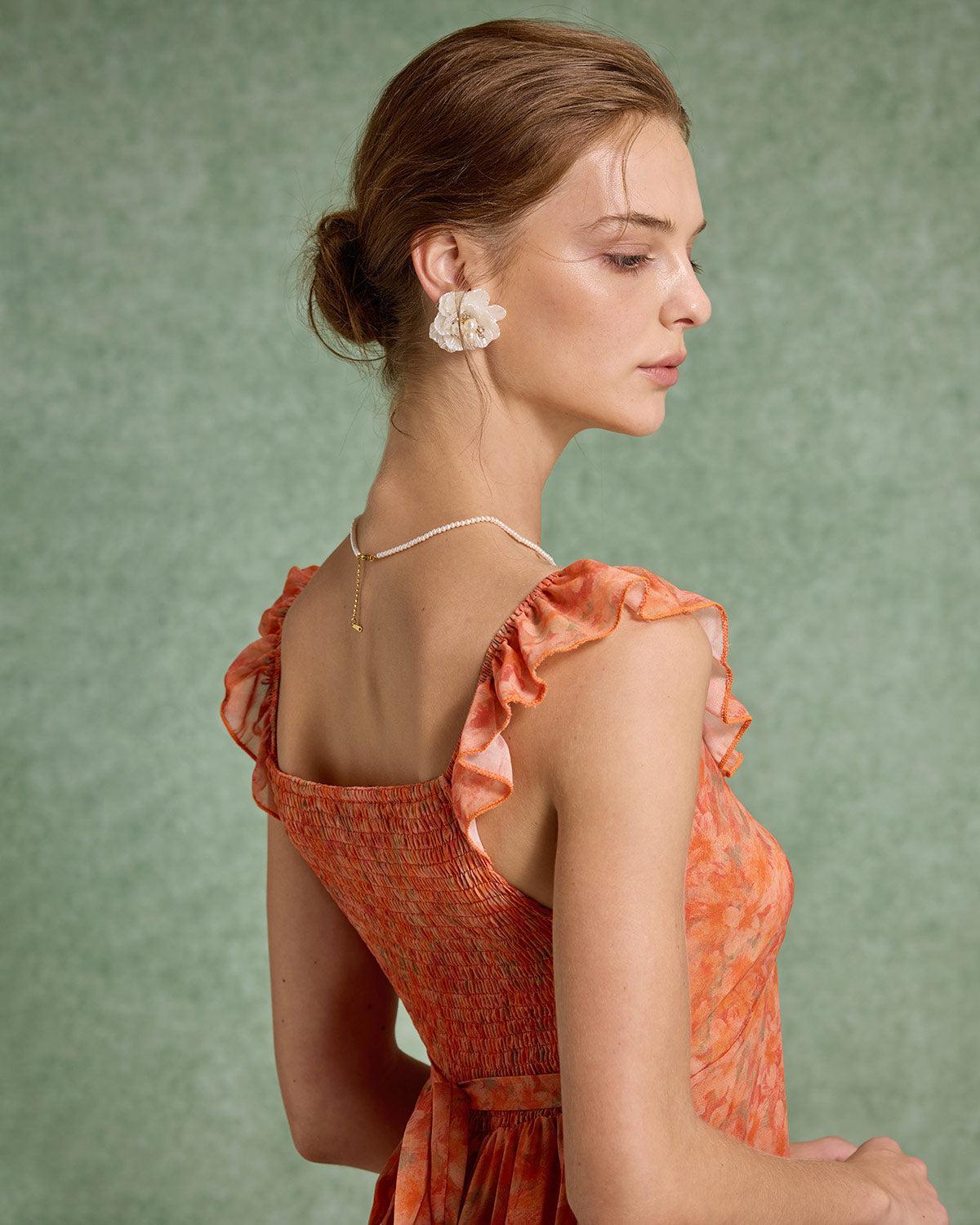 Orange Floral Ruffle Sleeveless Maxi Dress Product Image