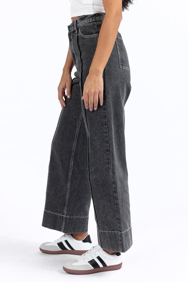 Estelle Black Acid Wash Wide Leg Front Seam Denim Pants FINAL SALE Product Image