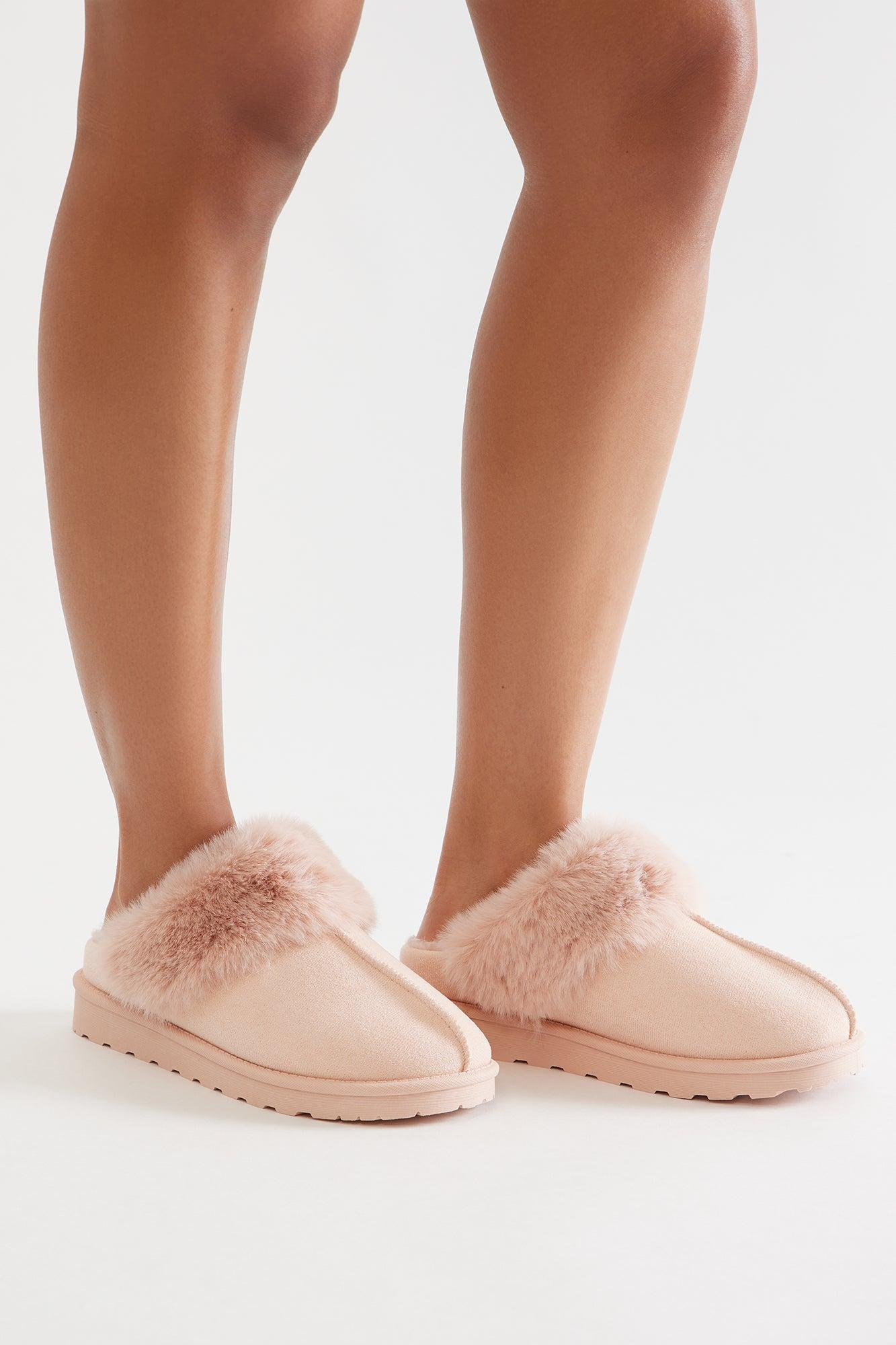 Forest Fur Trim Slippers - Pink Product Image