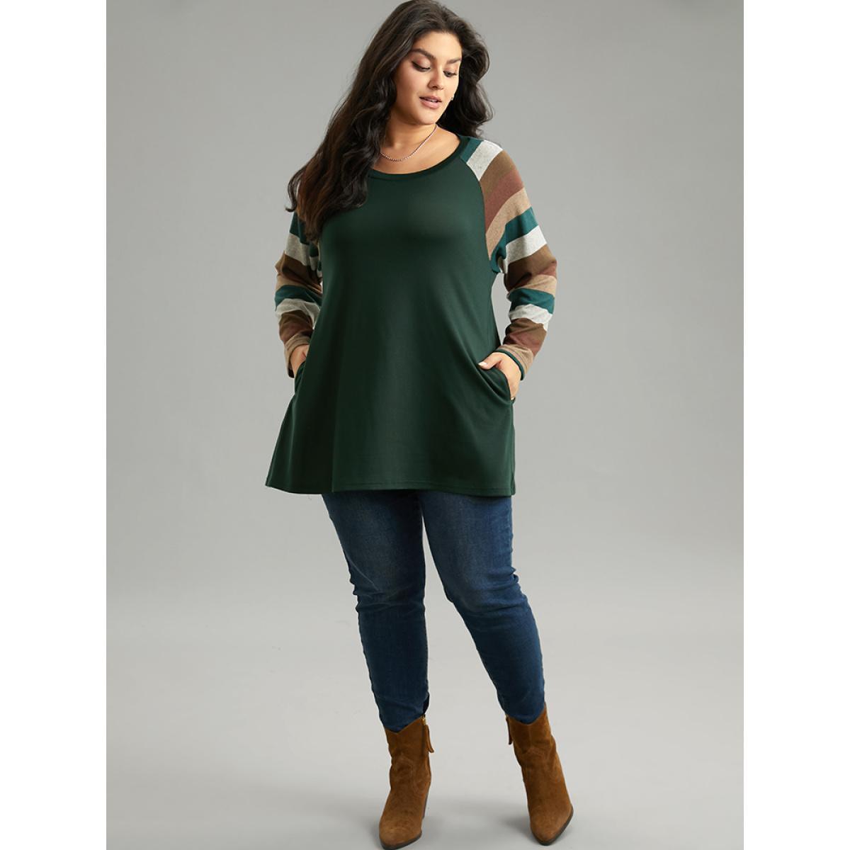 Plus Size Striped Colorblock Contrast Pocket Raglan Sleeve T-shirt DarkGreen Women Elegant Contrast Striped Round Neck Dailywear T-shirts BloomChic 10/M Product Image