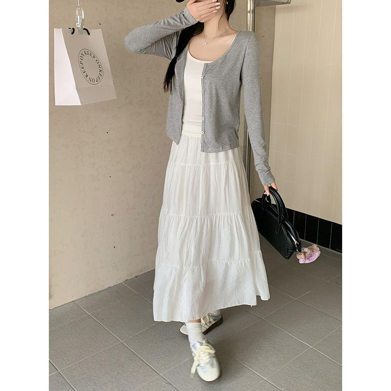 Long Sleeve Plain Slim-Fit Crop Lightweight Cardigan Product Image