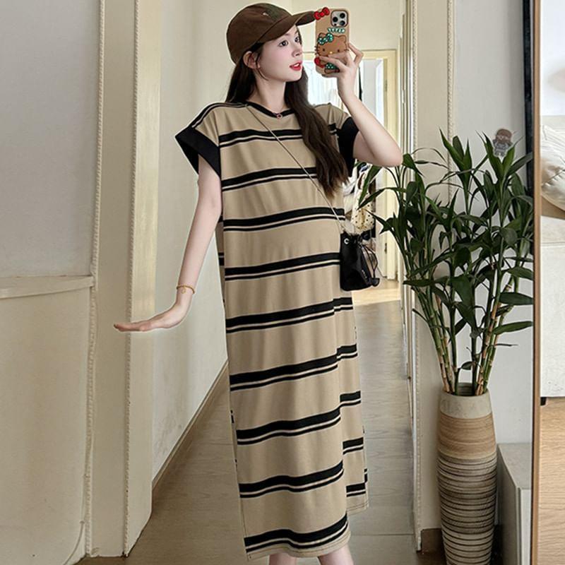 Maternity Short-Sleeve Round Neck Striped Midi T-Shirt Dress Product Image