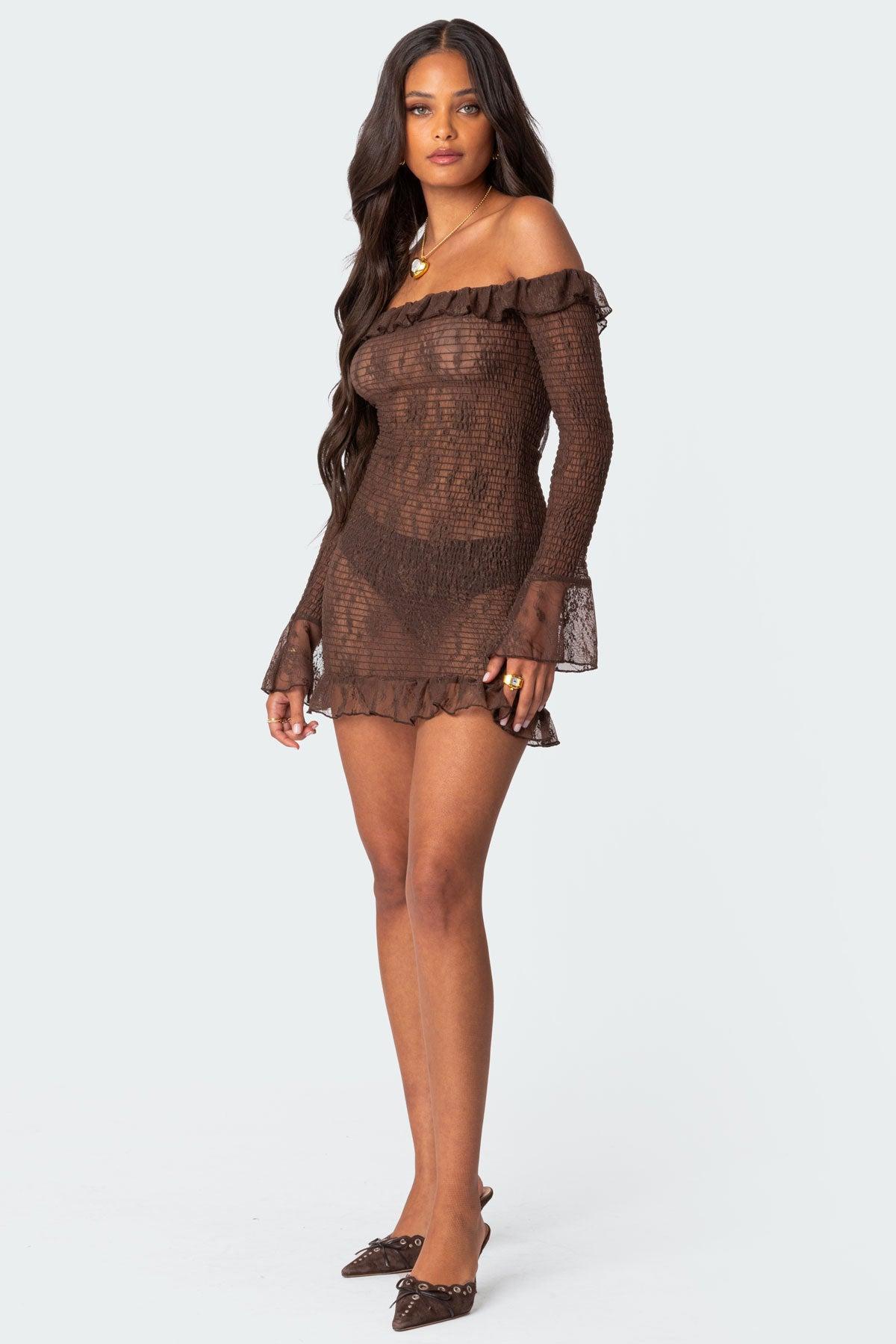 Wisteria Scrunched Sheer Lace Mini Dress Product Image