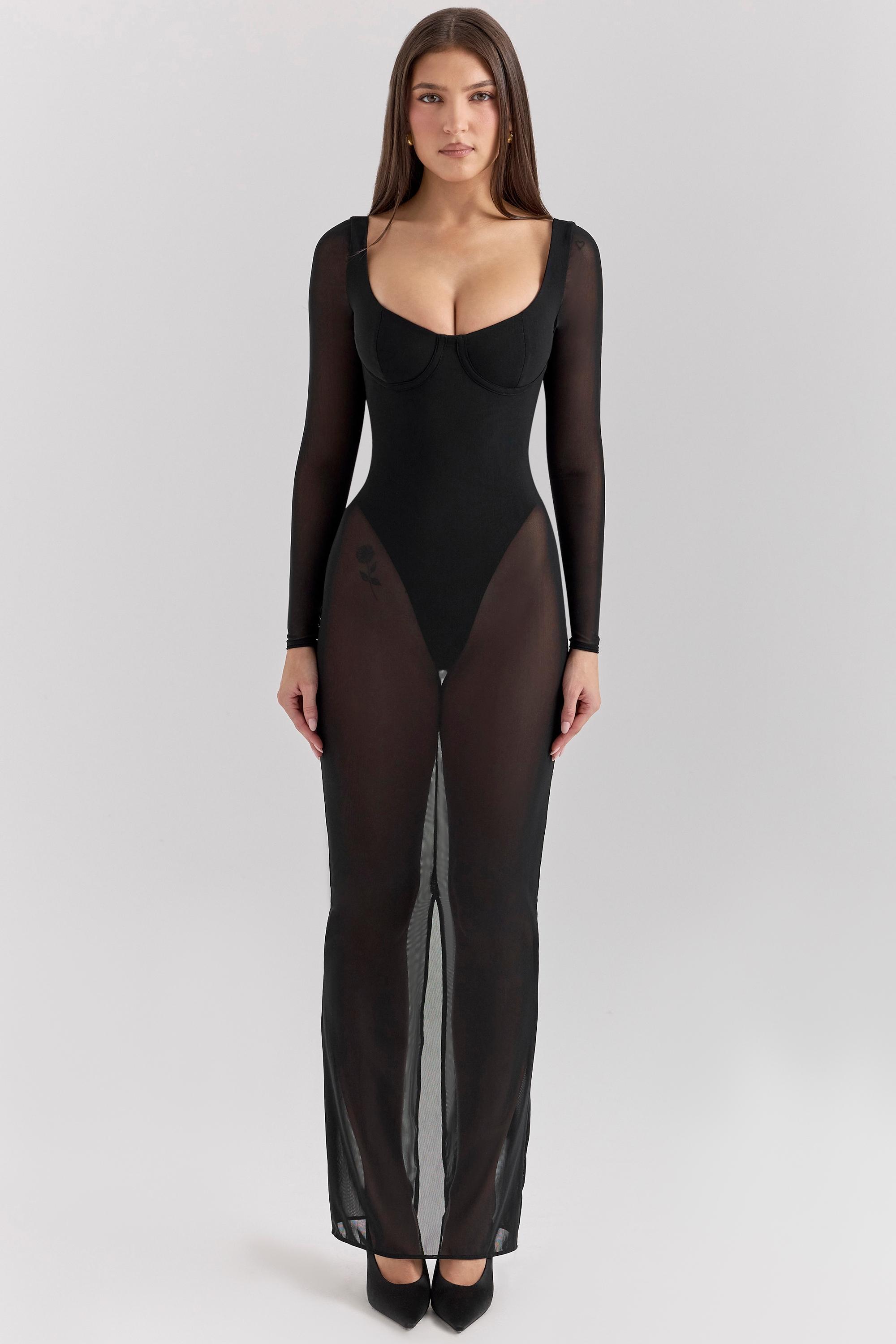 Everly Black Mesh Maxi Dress with Bodysuit Product Image