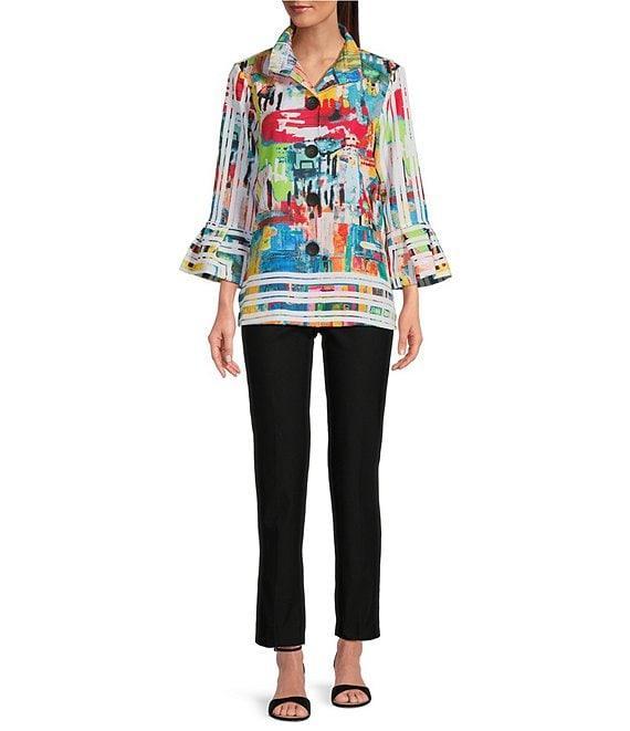 Ali Miles Petite Size Printed Woven Wire Collar 3/4 Bell Sleeve Button Front Tunic Product Image