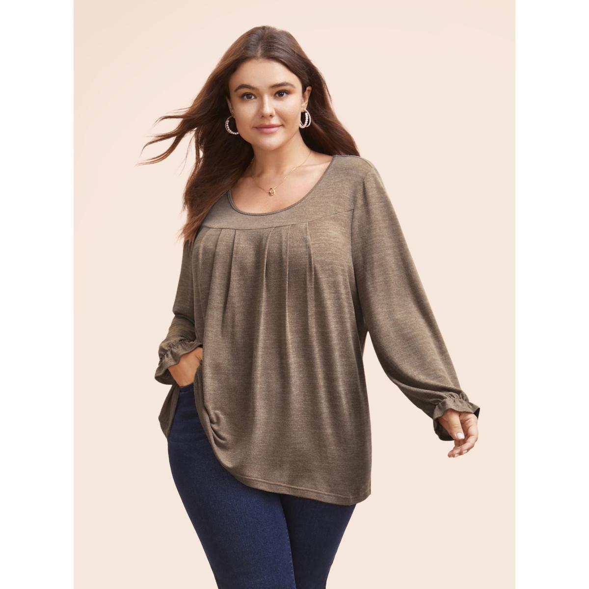 Plus Size Round Neck Heather Pleated T-shirt Mauve Women Leisure Pleated Round Neck Loose Casual T-shirts BloomChic 22-24/3X Product Image
