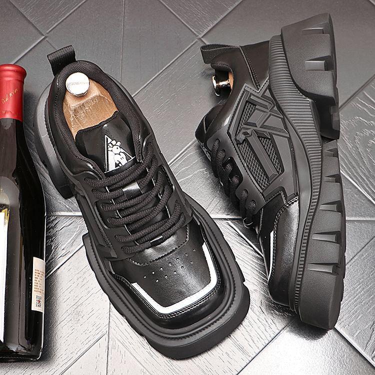 Platform Square Toe Mesh Panel Lace-Up Faux Leather Shoes Product Image