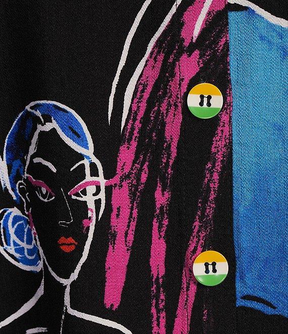 Ali Miles Printed Faces Wire Collar 3/4 Sleeve Button-Front Tunic Product Image