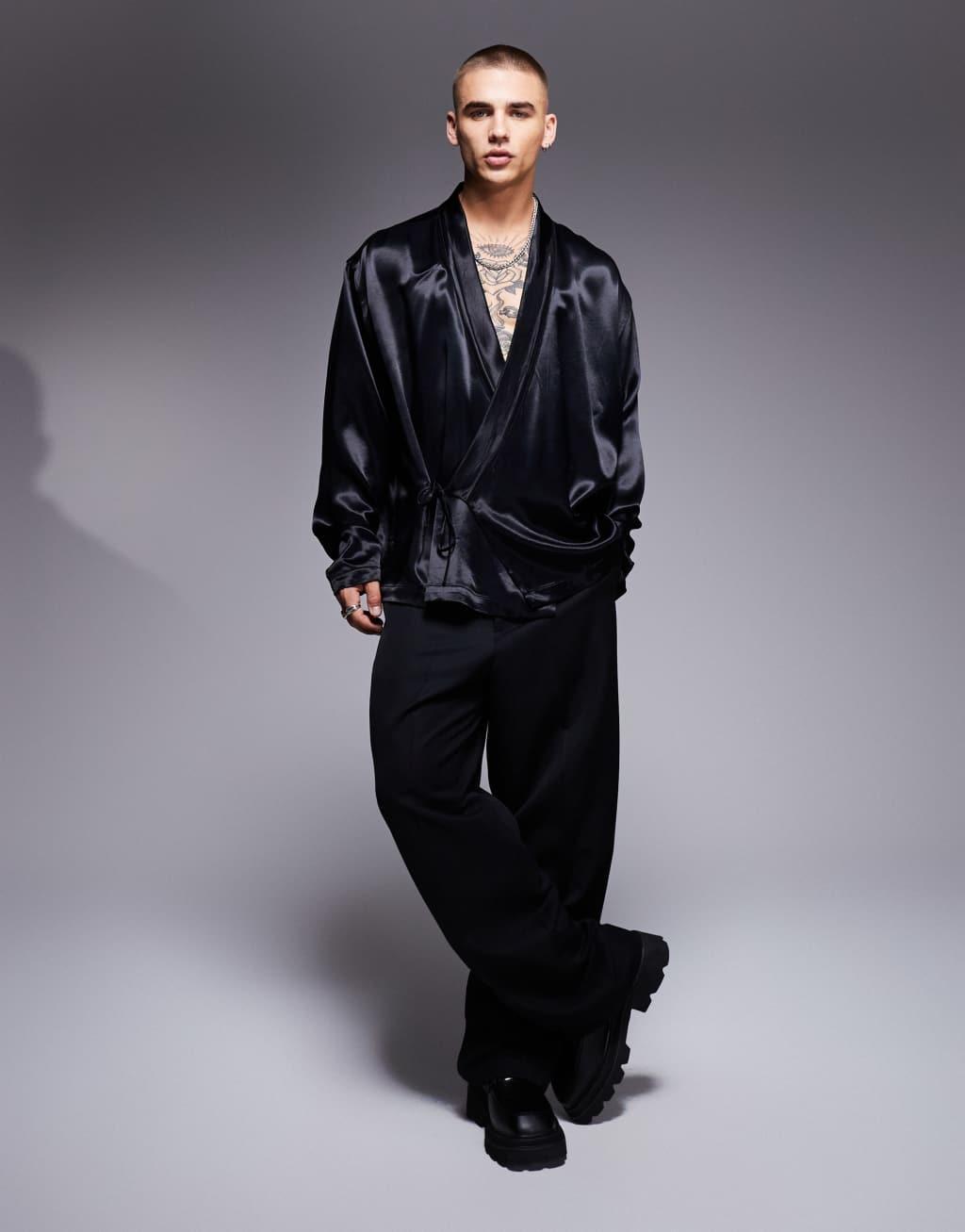 ASOS DESIGN wrap shirt in black satin Product Image