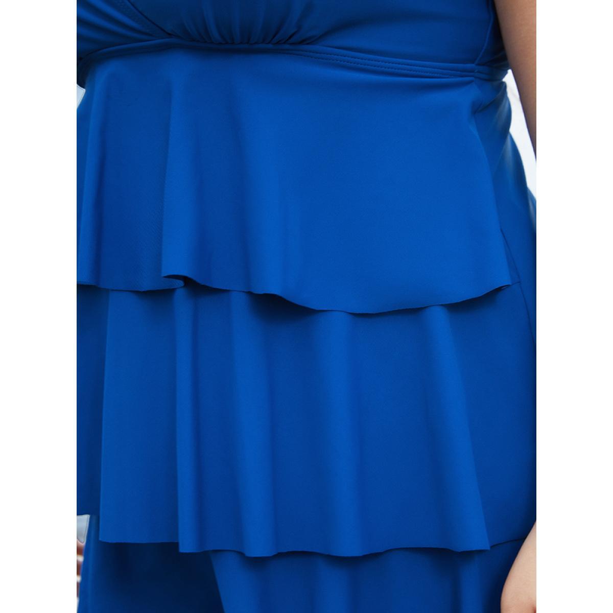 Plus Size Adjustable Straps Wrap Sculpt Waist Ruffle Tiered Swim Dress Women's Swimwear Aegean Vacation Bodycon V-neck High stretch Curve Swim Dresses BloomChic 14-16/1X Product Image
