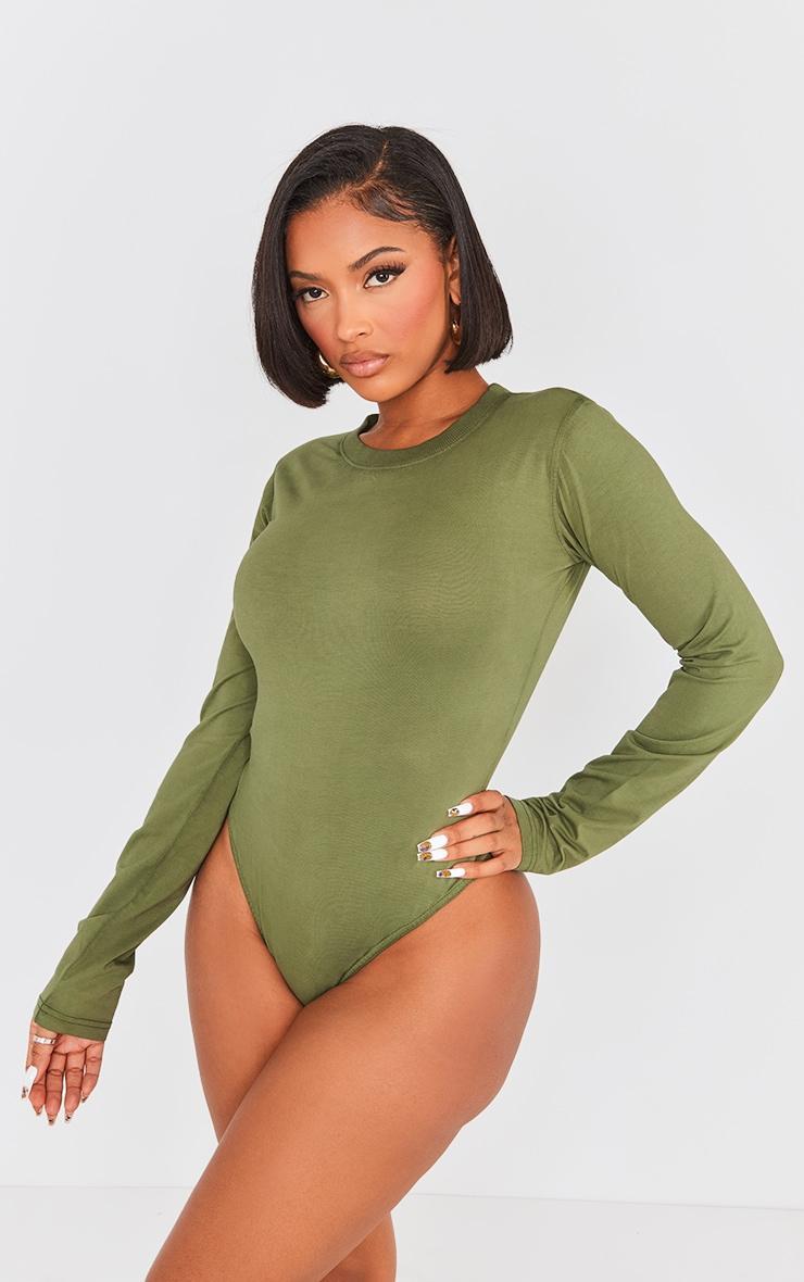 Shape Khaki Washed Cotton Long Sleeve Crew Neck Bodysuit Product Image