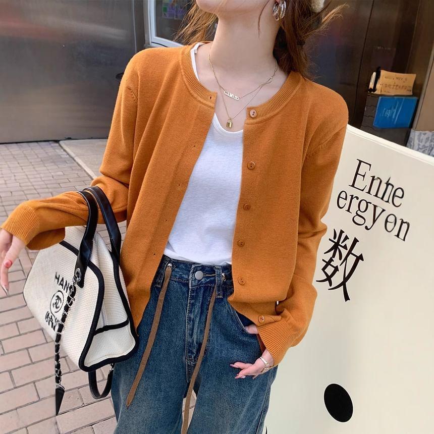 Round Neck Plain Button Cardigan Product Image