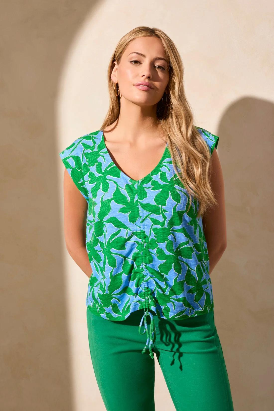 Printed Sleeveless V-Neck Top With Sheering Product Image