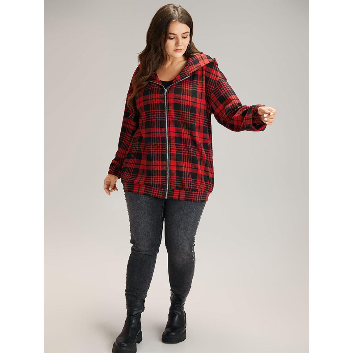 Plus Size Plaid Zipper Hooded Jacket Women Raspberry Elastic cuffs Everyday Jackets BloomChic 12/L Product Image