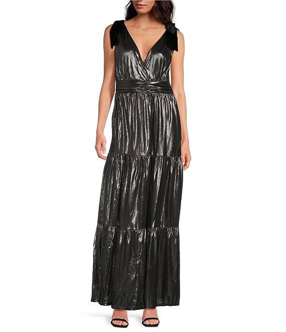 Sugarlips Liquid Satin Surplice V-Neck Sleeveless Velvet Shoulder Tie Tiered Hem Maxi Dress Product Image